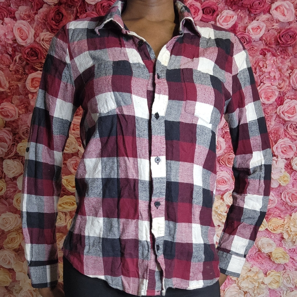 Burgundy Black and White Plaid Button-Up Shirt